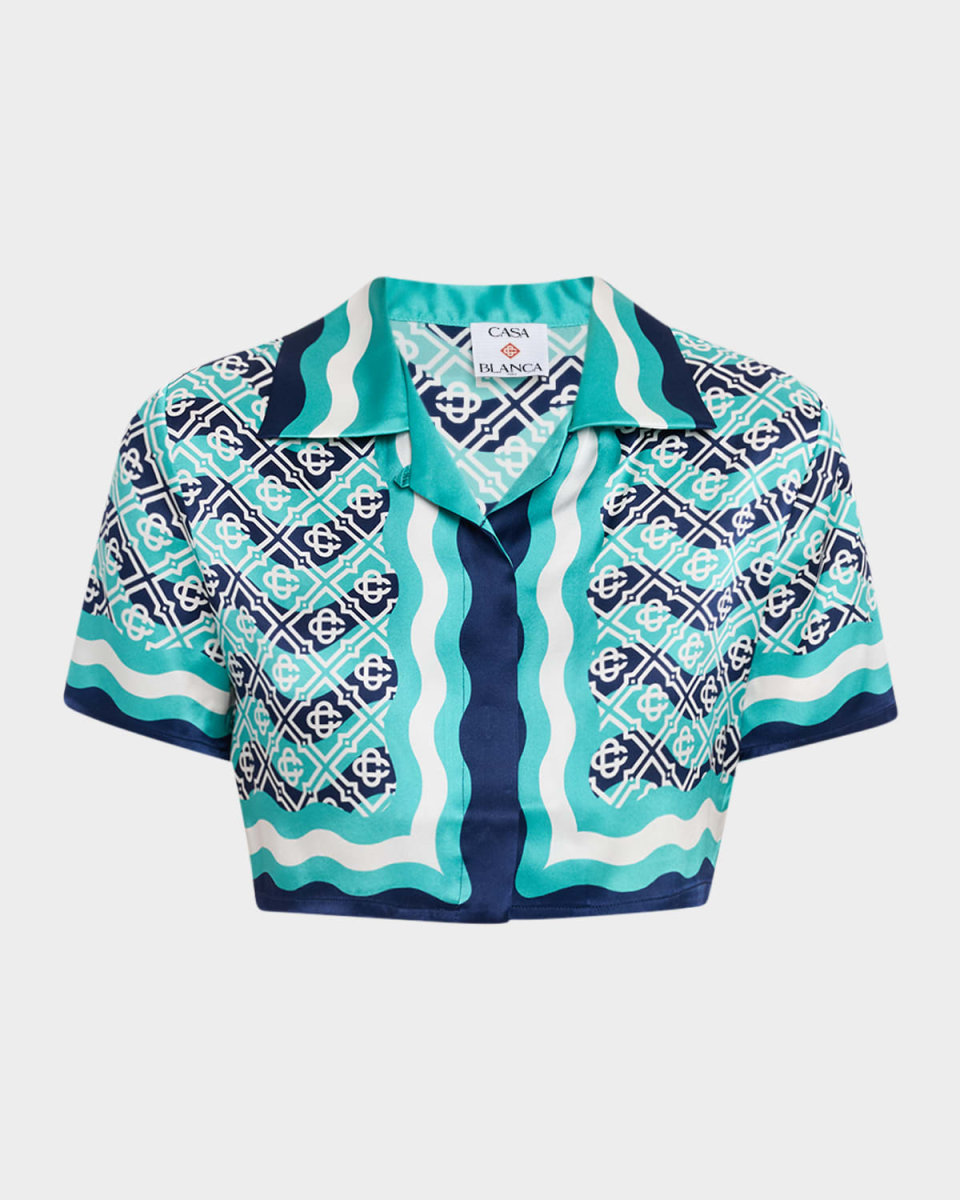 Wavy Monogram Print Silk Crop Camp Shirt